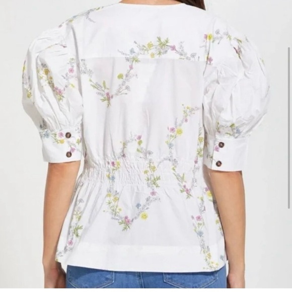 GANNI printed poplin puff sleeve V neck women’s blouse - Picture 4 of 12